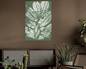 White leaves  in retro style. Modern botanical minimalist art in white and green by Dina Dankers
