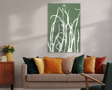 Wit gras in retrostijl. Moderne botanische minimalistische kunst in wit en groen van Dina Dankers