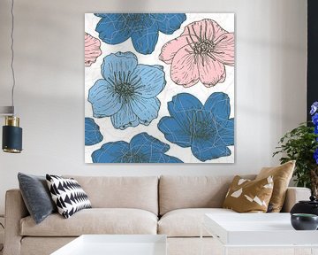 Bloemen in retro stijl. Moderne abstracte botanische kunst. Pastelkleuren roze, blauw, wit van Dina Dankers