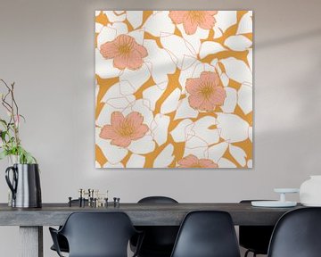 Bloemen in retro stijl. Moderne abstracte botanische kunst. Pastelkleuren roze en natuurlijk geel van Dina Dankers
