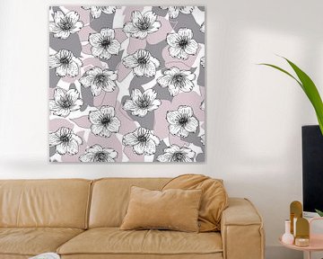 Flowers in retro style. Modern abstract botanical art. Pastel colors old pink and taupe grey by Dina Dankers