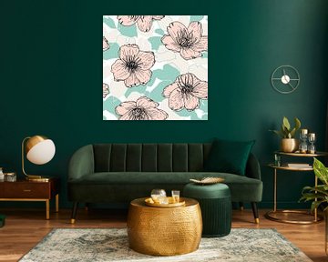 Blumen im Retro-Stil. Moderne abstrakte botanische Kunst. Pastellfarben mintgrün, rosa von Dina Dankers