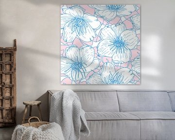 Bloemen in retro stijl. Moderne abstracte botanische kunst. Pastelkleuren lichtblauw en roze van Dina Dankers