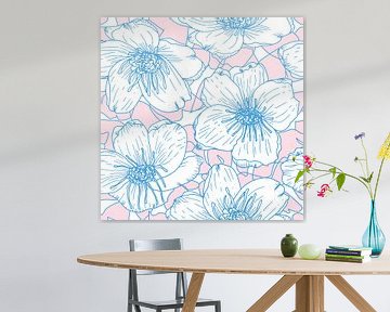 Fleurs dans un style rétro. Art botanique abstrait moderne. Couleurs pastel bleu clair et rose sur Dina Dankers