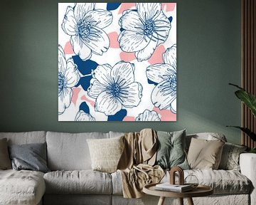 Bloemen in retro stijl. Moderne abstracte botanische kunst. Pastelkleuren roze en donkerblauw van Dina Dankers