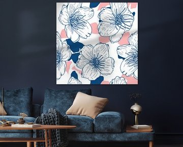 Bloemen in retro stijl. Moderne abstracte botanische kunst. Pastelkleuren roze en donkerblauw van Dina Dankers