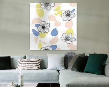 Bloemen in retro stijl. Moderne abstracte botanische kunst. Pastelkleuren geel, roze, blauw van Dina Dankers