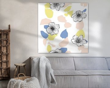 Bloemen in retro stijl. Moderne abstracte botanische kunst. Pastelkleuren geel, roze, blauw van Dina Dankers