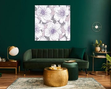 Flowers in retro style. Modern abstract botanical art. Pastel colors purple, taupe grey, pink by Dina Dankers