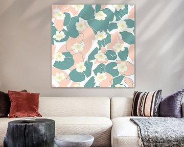 Bloemen in retro stijl. Moderne abstracte botanische kunst. Pastelkleuren roze, groen, geel van Dina Dankers