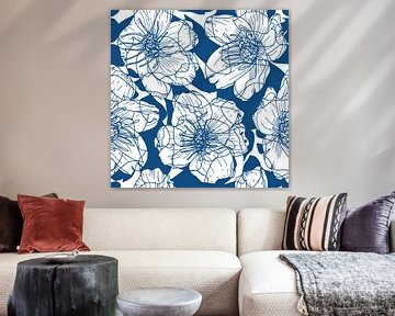 Flowers in retro style. Modern abstract botanical art. Pastel colors dark blue and white by Dina Dankers