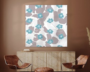 Flowers in retro style. Modern abstract botanical art. Pastel colors taupe grey and blue by Dina Dankers