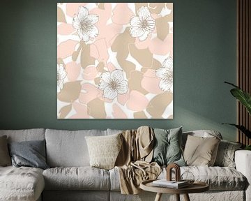 Flowers in retro style. Modern abstract botanical art. Pastel colors beige and pink by Dina Dankers