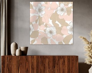 Bloemen in retro stijl. Moderne abstracte botanische kunst. Pastelkleuren beige en roze van Dina Dankers