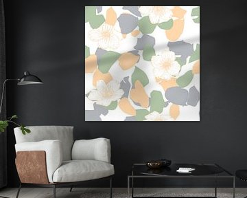 Bloemen in retro stijl. Moderne abstracte botanische kunst. Pastelkleuren groen, grijs, oranje van Dina Dankers