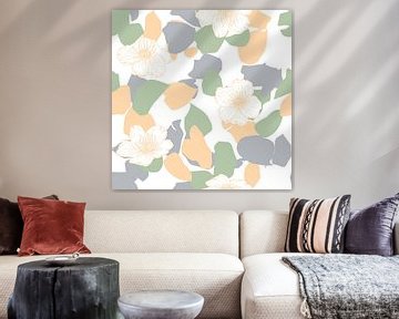 Bloemen in retro stijl. Moderne abstracte botanische kunst. Pastelkleuren groen, grijs, oranje van Dina Dankers