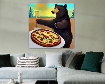 Bear eating pizza and drinking painting by Laly Laura