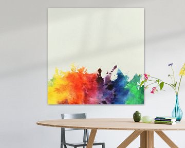 Verf vlek in regenboog kleuren (vrolijk abstract aquarel schilderij vierkant behang paarse spetters) van Natalie Bruns