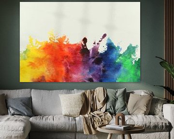 Explosie in regenboog kleuren (vrolijk abstract aquarel schilderij mooi behang kinderkamer spetters) van Natalie Bruns