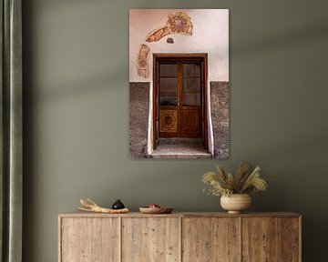 Karakteristieke houten deur met muurschildering van Dafne Vos