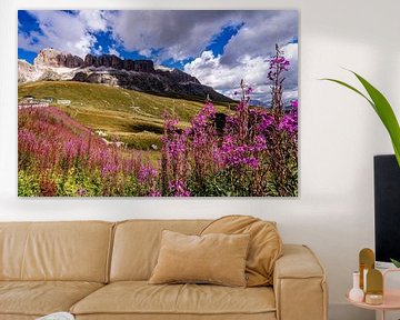 Schroffe Felsen, grüne Hügel und rosa Blumen in den Dolomiten von Dafne Vos