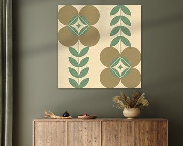 Retro Scandinavisch design geïnspireerd bloemen en bladeren in beige, bruin, groen van Dina Dankers