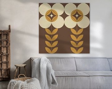 Retro Scandinavian design inspired flowers and leaves in brown, yellow, beige by Dina Dankers