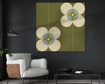 Retro Scandinavisch design geïnspireerd bloemen en bladeren in groen, blauw, beige van Dina Dankers