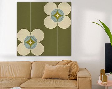 Von skandinavischem Retro-Design inspirierte Blumen und Blätter in Grün, Blau und Beige von Dina Dankers