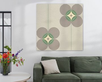 Retro Scandinavisch design geïnspireerd bloemen en bladeren in lichtgrijs, groen, wit van Dina Dankers
