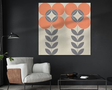 Retro Scandinavisch design geïnspireerd bloemen en bladeren in oranje, grijs, wit van Dina Dankers