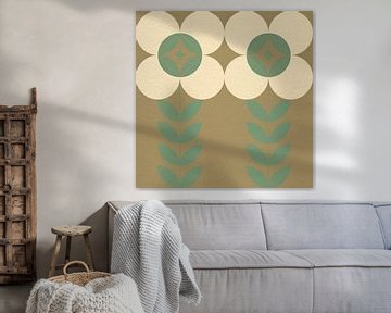 Retro Scandinavisch design geïnspireerde bloemen en bladeren in groen, goud, wit van Dina Dankers