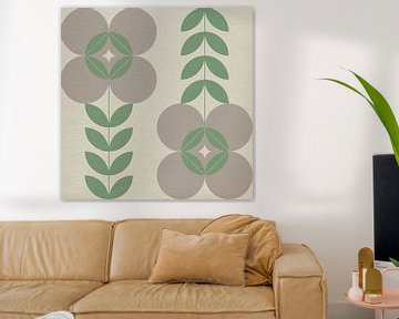 Retro Scandinavisch design geïnspireerde bloemen en bladeren in grijs en groen van Dina Dankers