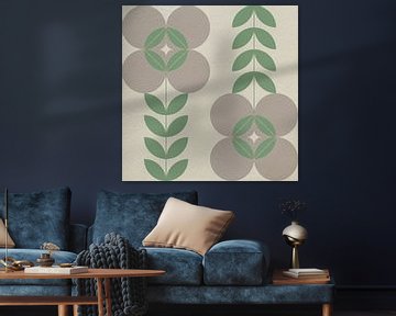 Retro Scandinavian design inspired flowers and leaves in grey and green by Dina Dankers