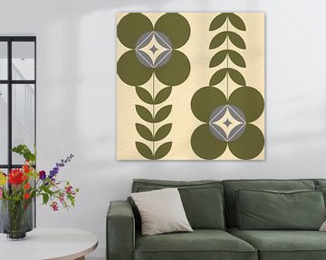Retro Scandinavisch design geïnspireerd bloemen en bladeren in groen, gebroken wit, grijs van Dina Dankers