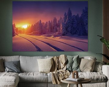 Paysage d'hiver avec coucher de soleil dans la forêt, illustration 02 sur Animaflora PicsStock