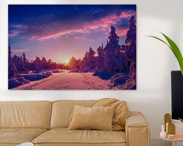 Winterlandschaft mit Sonnenuntergang im Wald, Illustration 05 von Animaflora PicsStock