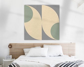 Modern abstract minimalist art with geometric shapes in grey, green, light yellow by Dina Dankers