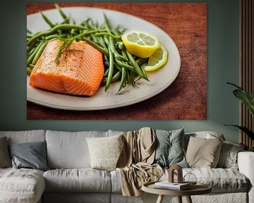 Fresh salmon with green beans Illustration 04 by Animaflora PicsStock