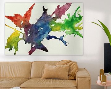 Abstract schilderij in regenboog kleuren (vrolijk aquarel pastelkleuren stoer behang fantasie mooi) van Natalie Bruns