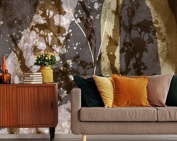 Abstract Retro Botanisch. Bloemen, planten en bladeren in bruin, beige, geel van Dina Dankers