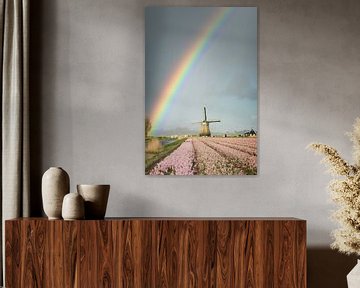Rainbow in a grey sky over a windmill and flowers by iPics Photography