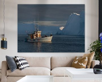 A fishing boat with sailors in Greenland by Anges van der Logt