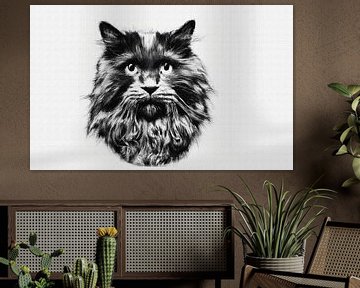 Impressionnant portrait d'un chat à poils longs noir et blanc sur Maud De Vries
