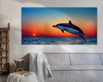 Dolphin jumping into the sunset in the sea illustration by Animaflora PicsStock