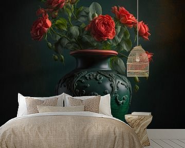 Rote Rosen auf einer grünen klassischen Vase von Natasja Haandrikman