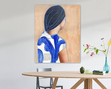 Female portrait in salmon pink and cobalt blue from behind by Renske