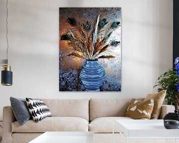 Vase with peacock feathers and pampas grass by Marielistic-Art.com