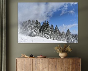 Een besneeuwd bos onder een blauwe hemel van Claude Laprise