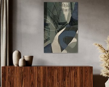 Moderne abstrakte minimalistische organische Formen und Linien in Grau, Blau, Beige von Dina Dankers